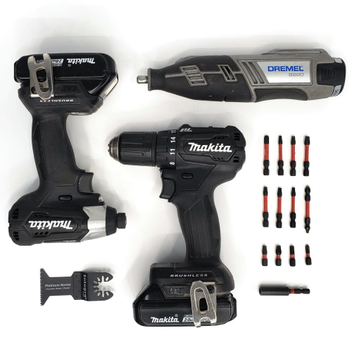 Cordless drill, impact driver, Dremel tool, oscillating saw blade, and drill bits